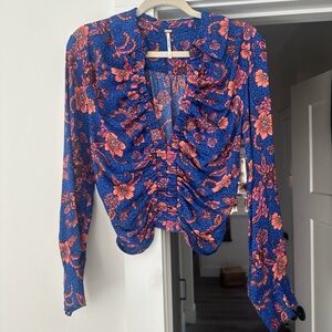 Free People Floral Ruffle Blouse - Blue and Orange
